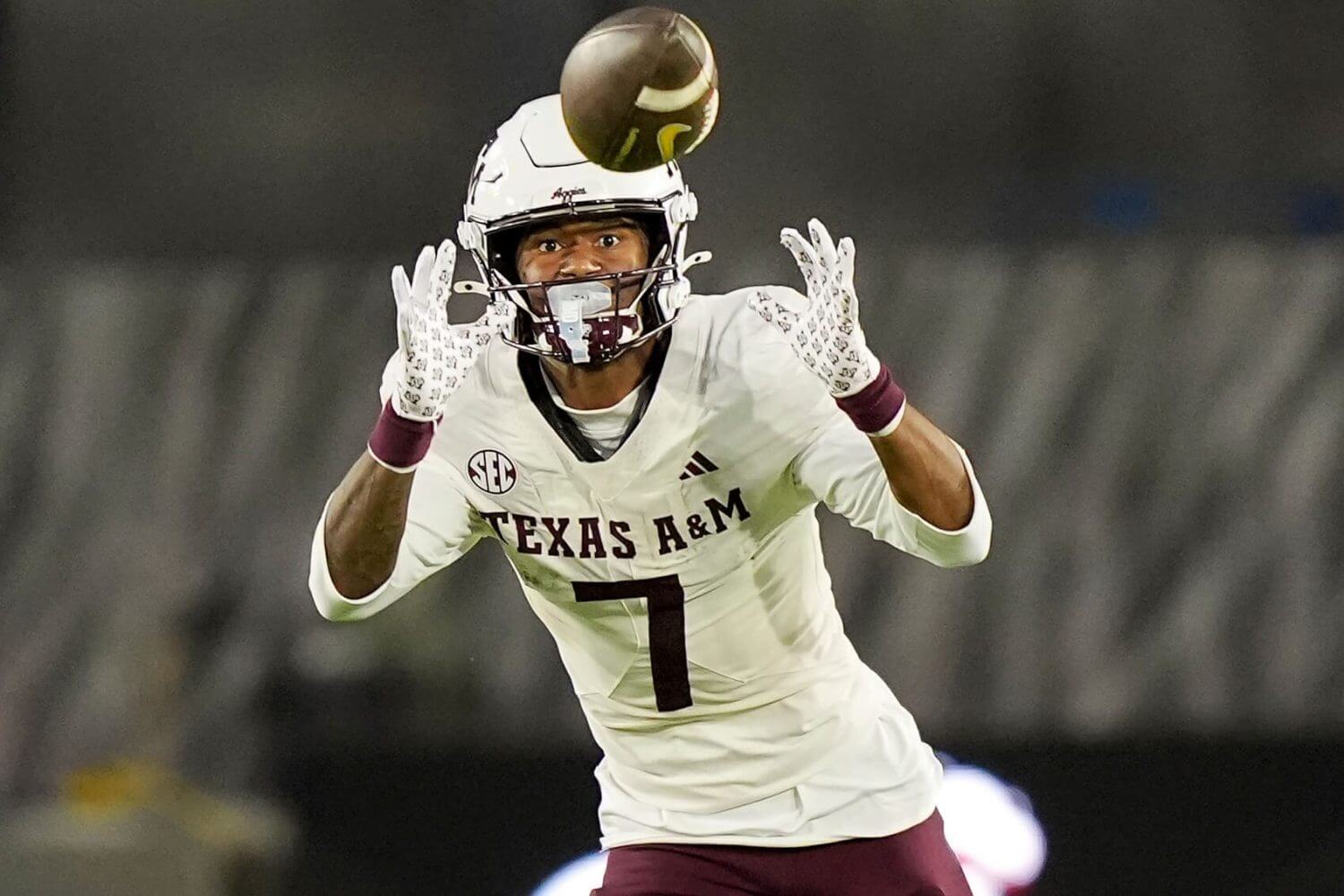 Texas A&M receiver KC Concepcion looks in a pass reception during a game against Missouri.
