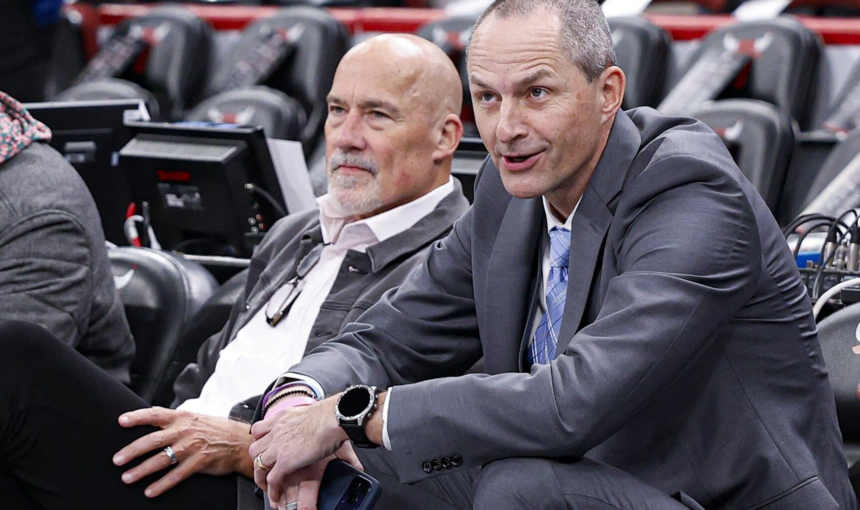 hicago Bulls Executive Vice President of Basketball Operations Arturas Karnisovas (R) sits next to Senior Advisor of Basketball Operations John Paxson (L)