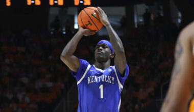 Feb 7, 2026; Lexington, Kentucky, USA; Kentucky Wildcats center Malachi Moreno (24), guard Jasper Johnson (2) and forward Braydon Hawthorne (right) celebrate from the bench during the second half against the Tennessee Volunteers at Rupp Arena at Central Bank Center. Mandatory Credit: Jordan Prather-Imagn Images