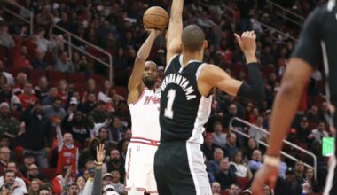 Jan 28, 2026; Houston, Texas, USA; Houston Rockets forward Kevin Durant (7) shoots the ball as San Antonio Spurs forward Victor Wembanyama (1) defends during the first quarter at Toyota Center.