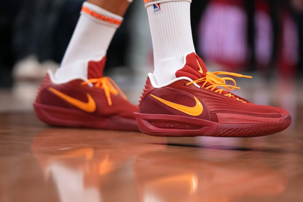 Jan 30, 2026; San Francisco, California, USA; A closeup view of the shoes worn by Golden State Warriors guard Stephen Curry (30) before a game against the Detroit Pistons at the Chase Center. Mandatory Credit: Cary Edmondson-Imagn Images