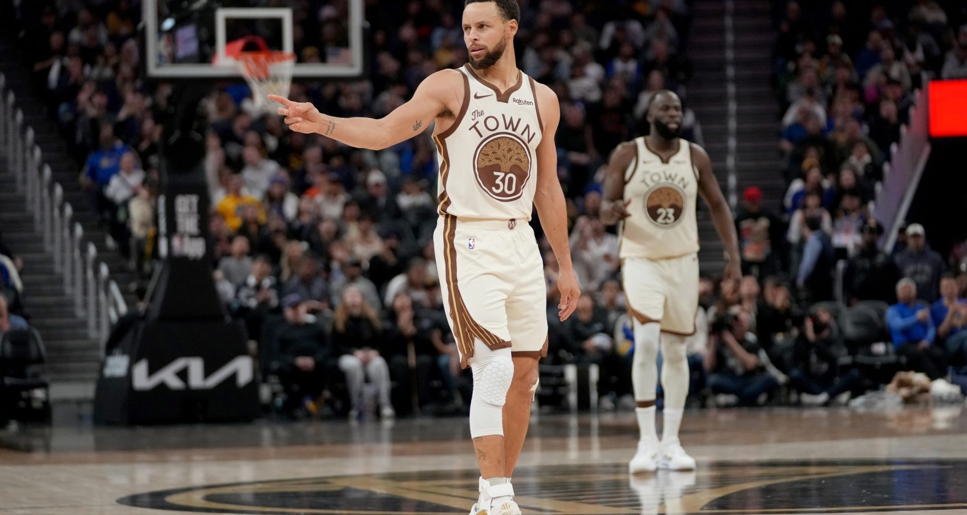 Jan 30, 2026; San Francisco, California, USA; Golden State Warriors guard Stephen Curry (30) reacts after a basket against the Detroit Pistons in the third quarter at the Chase Center.
