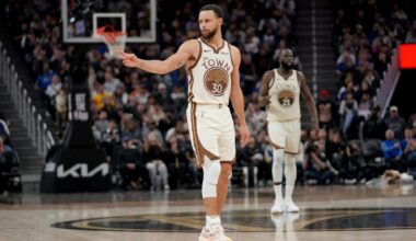 Jan 30, 2026; San Francisco, California, USA; Golden State Warriors guard Stephen Curry (30) reacts after a basket against the Detroit Pistons in the third quarter at the Chase Center.