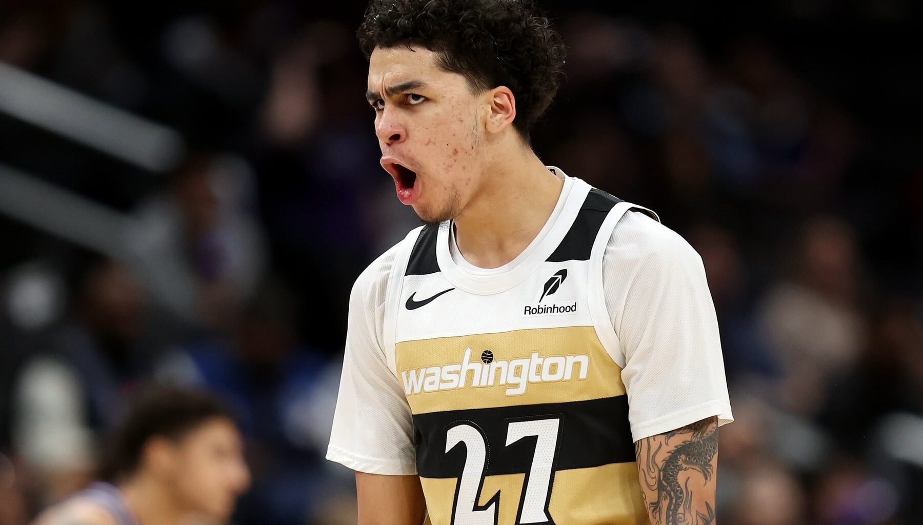 Feb 1, 2026; Washington, District of Columbia, USA; Washington Wizards guard Will Riley (27) celebrates during the second half against the Sacramento Kings at Capital One Arena. Mandatory Credit: Daniel Kucin Jr.-Imagn Images