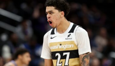 Feb 1, 2026; Washington, District of Columbia, USA; Washington Wizards guard Will Riley (27) celebrates during the second half against the Sacramento Kings at Capital One Arena. Mandatory Credit: Daniel Kucin Jr.-Imagn Images