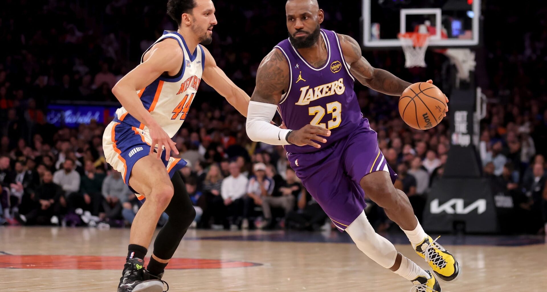 Feb 1, 2026; New York, New York, USA; Los Angeles Lakers forward LeBron James (23) controls the ball against New York Knicks guard Landry Shamet (44) during the third quarter at Madison Square Garden. Mandatory Credit: Brad Penner-Imagn Images