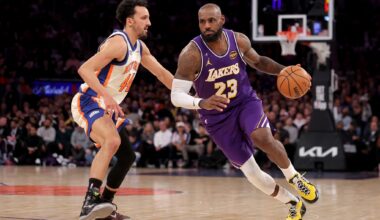 Feb 1, 2026; New York, New York, USA; Los Angeles Lakers forward LeBron James (23) controls the ball against New York Knicks guard Landry Shamet (44) during the third quarter at Madison Square Garden. Mandatory Credit: Brad Penner-Imagn Images