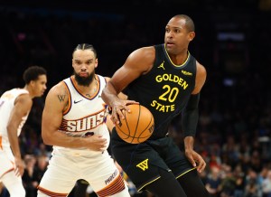 Feb 5, 2026; Phoenix, Arizona, USA; Golden State Warriors center Al Horford (20) against Phoenix Suns forward Dillon Brooks (3) in the first half at Mortgage Matchup Center. Mandatory Credit: Mark J. Rebilas-Imagn Images