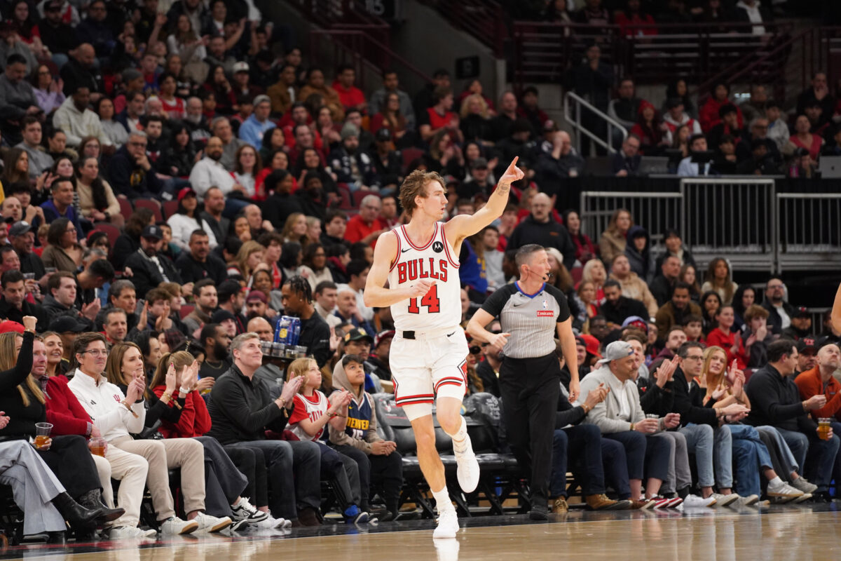Feb 7, 2026; Chicago, Illinois, USA; Chicago Bulls forward Matas Buzelis (14) gestures after making a basket against the Denver Nuggets during the first half at United Center.