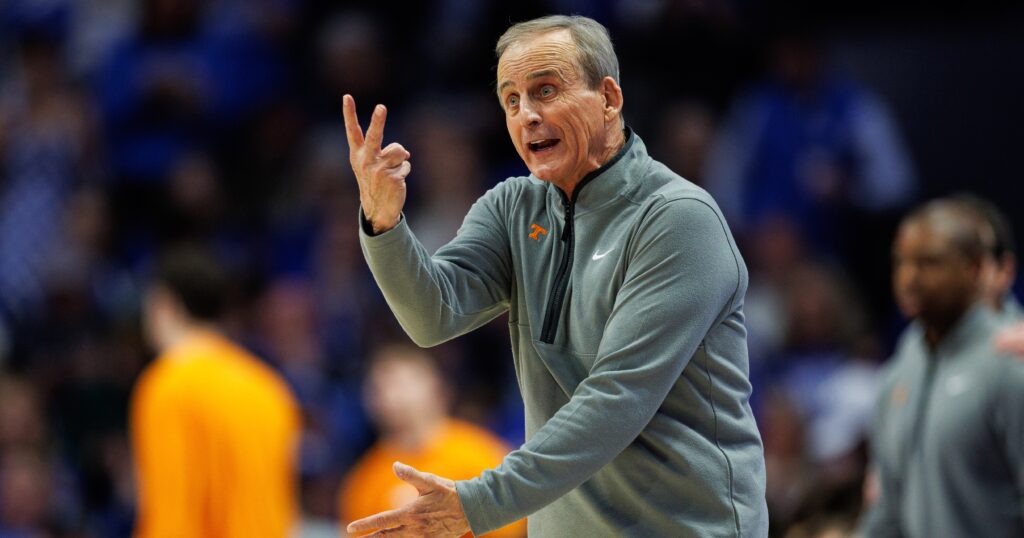 Feb 7, 2026; Lexington, Kentucky, USA; Tennessee Volunteers head coach Rick Barnes motions to his players during the second half against the Kentucky Wildcats at Rupp Arena at Central Bank Center. Mandatory Credit: Jordan Prather-Imagn Images