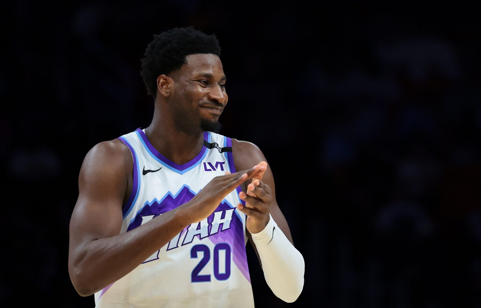 Utah Jazz forward Jaren Jackson Jr. (20) reacts against the Miami Heat during the first quarter at Kaseya Center.