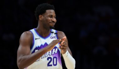Utah Jazz forward Jaren Jackson Jr. (20) reacts against the Miami Heat during the first quarter at Kaseya Center.