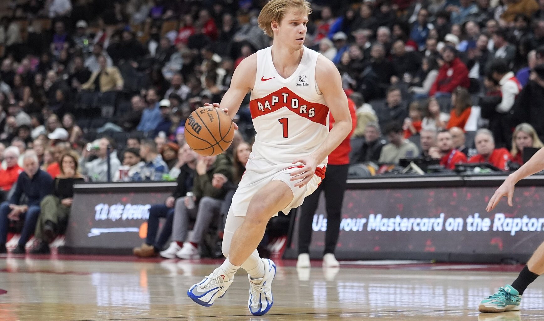 Feb 11, 2026; Toronto, Ontario, CAN; Toronto Raptors guard Gradey Dick (1) controls the ball against the Detroit Pistons during the second half at Scotiabank Arena. Mandatory Credit: John E. Sokolowski-Imagn Images