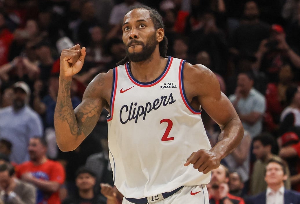 Feb 11, 2026; Houston, Texas, USA; Los Angeles Clippers forward Kawhi Leonard (2) reacts to his winning basket against the Houston Rockets in the fourth quarter at Toyota Center. Mandatory Credit: Thomas Shea-Imagn Images