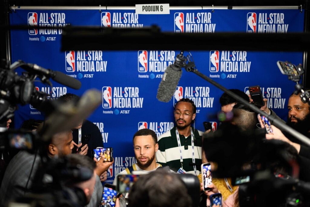 Feb 14, 2026; Inglewood, California, USA; Stephen Curry speaks during interviews at media day at Intuit Dome. Mandatory Credit: William Liang-Imagn Images