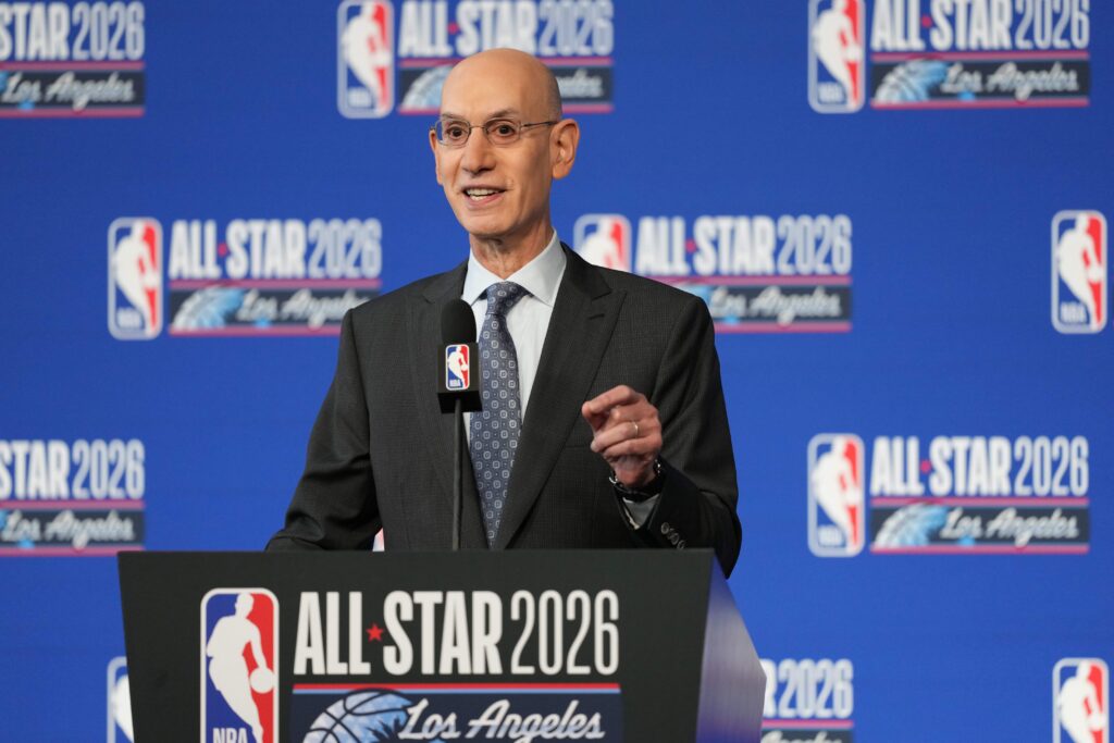 Feb 14, 2026; Los Angeles, CA, USA; NBA commissioner Adam Silver speaks to the media during a press conference before 2026 NBA All Star Saturday Night at Intuit Dome. Mandatory Credit: Kirby Lee-Imagn Images