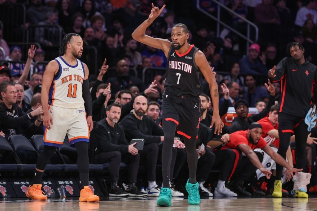 Feb 21, 2026; New York, New York, USA; Houston Rockets forward Kevin Durant (7) gestures after scoring in the third quarter against the New York Knicks at Madison Square Garden. Mandatory Credit: Wendell Cruz-Imagn Images