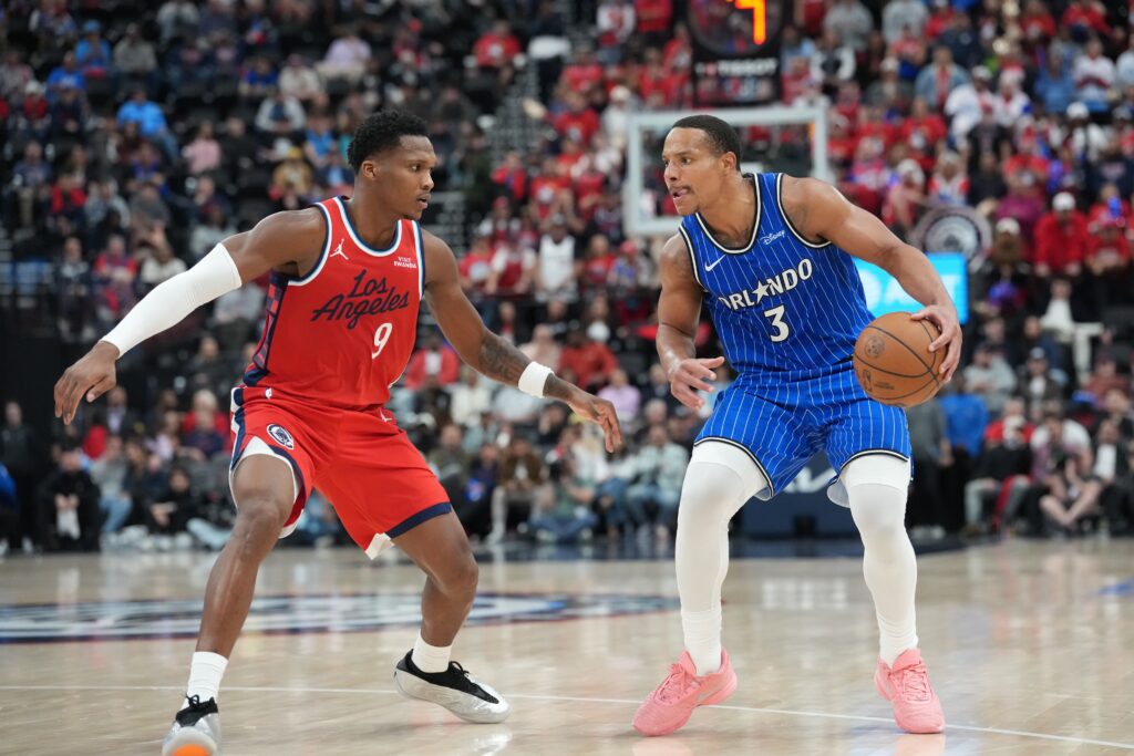 Orlando Magic guard Desmond Bane (3) dribbles the ball against LA Clippers guard Bennedict Mathurin (9) in the second half at Intuit Dome.