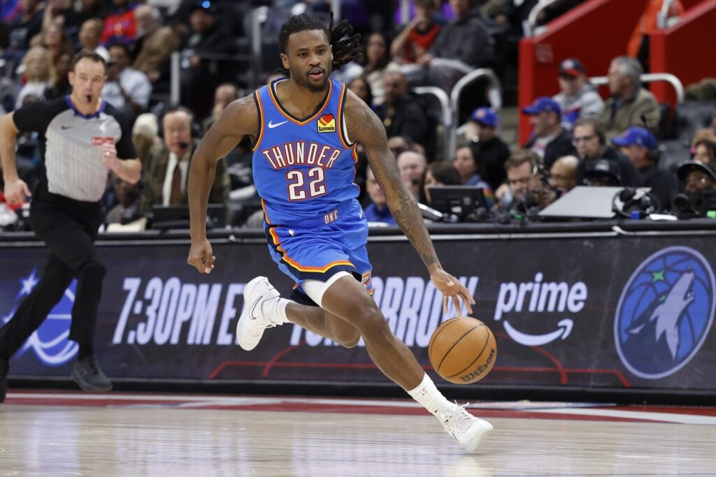 Oklahoma City Thunder guard Cason Wallace (22) dribbles in the second half against the Detroit Pistons at Little Caesars Arena.