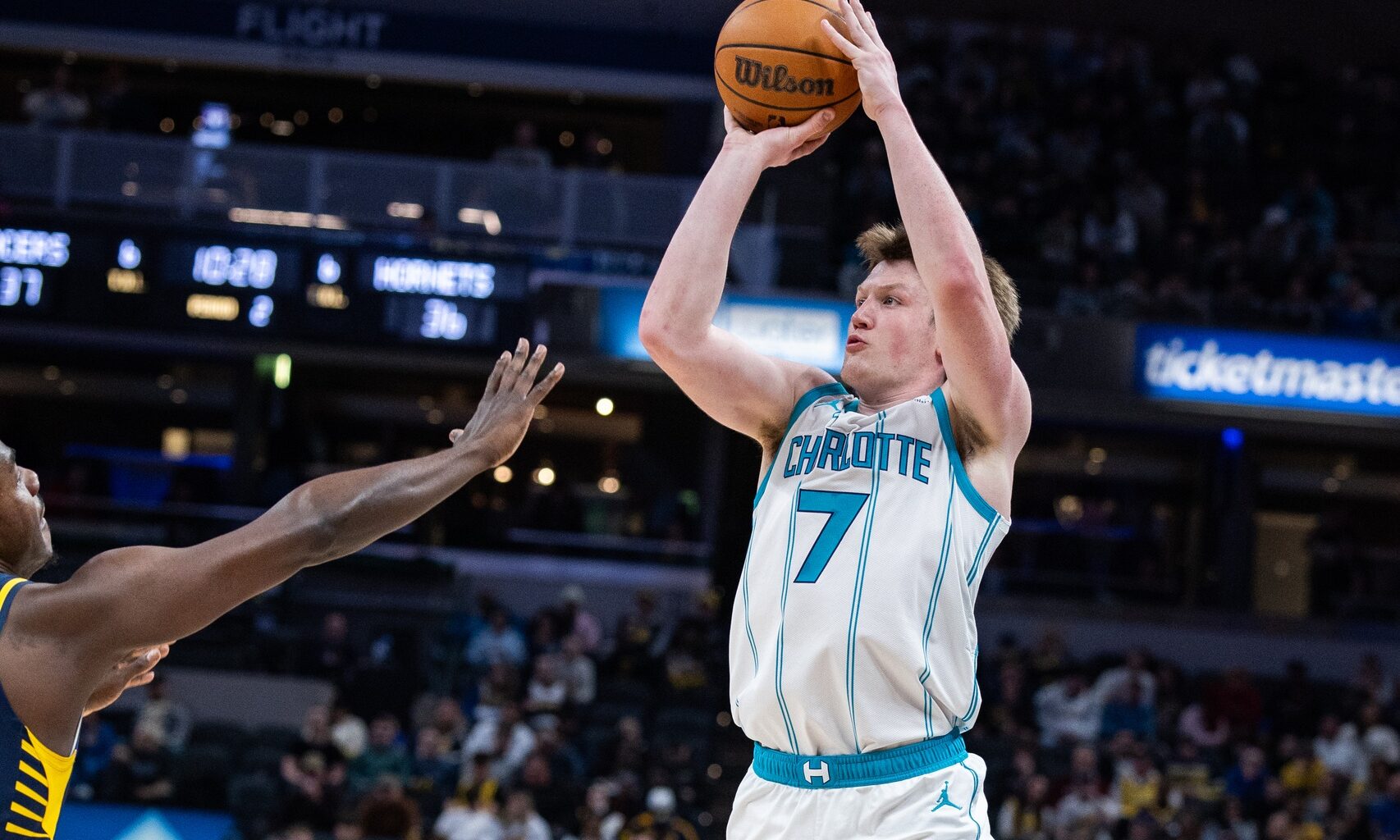Feb 26, 2026; Indianapolis, Indiana, USA; Charlotte Hornets guard Kon Knueppel (7) shoots the ball in the first half against the Indiana Pacers at Gainbridge Fieldhouse. Mandatory Credit: Trevor Ruszkowski-Imagn Images