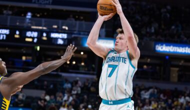 Feb 26, 2026; Indianapolis, Indiana, USA; Charlotte Hornets guard Kon Knueppel (7) shoots the ball in the first half against the Indiana Pacers at Gainbridge Fieldhouse. Mandatory Credit: Trevor Ruszkowski-Imagn Images