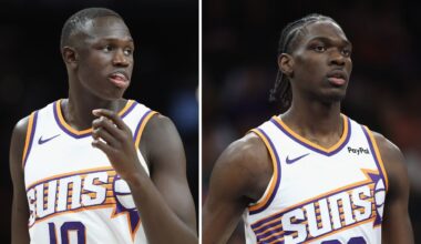 Phoenix Suns center Khaman Maluach (left) and wing Rasheer Fleming (right)....