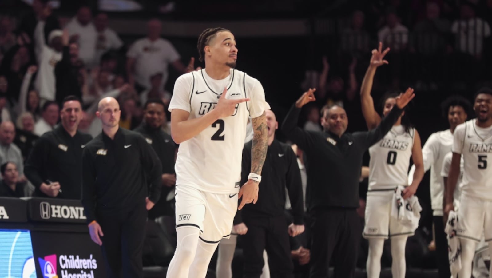 Virginia Commonwealth's Jadrian Tracey reacts after making a 3-pointer against Dayton on Friday, Feb. 6, 2026, at the Siegel Center in Richmond, Va. David Jablonski/Staff