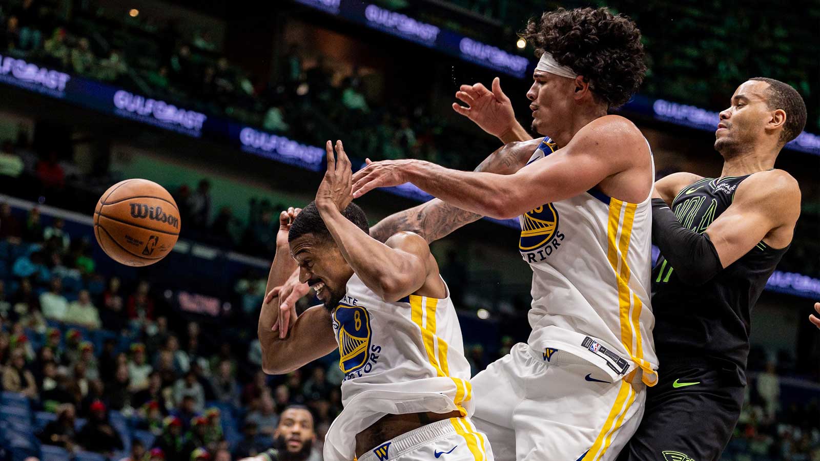 Golden State Warriors forward Gui Santos (15) loses a rebound against New Orleans Pelicans guard Bryce McGowens (11) during the second half at Smoothie King Center.