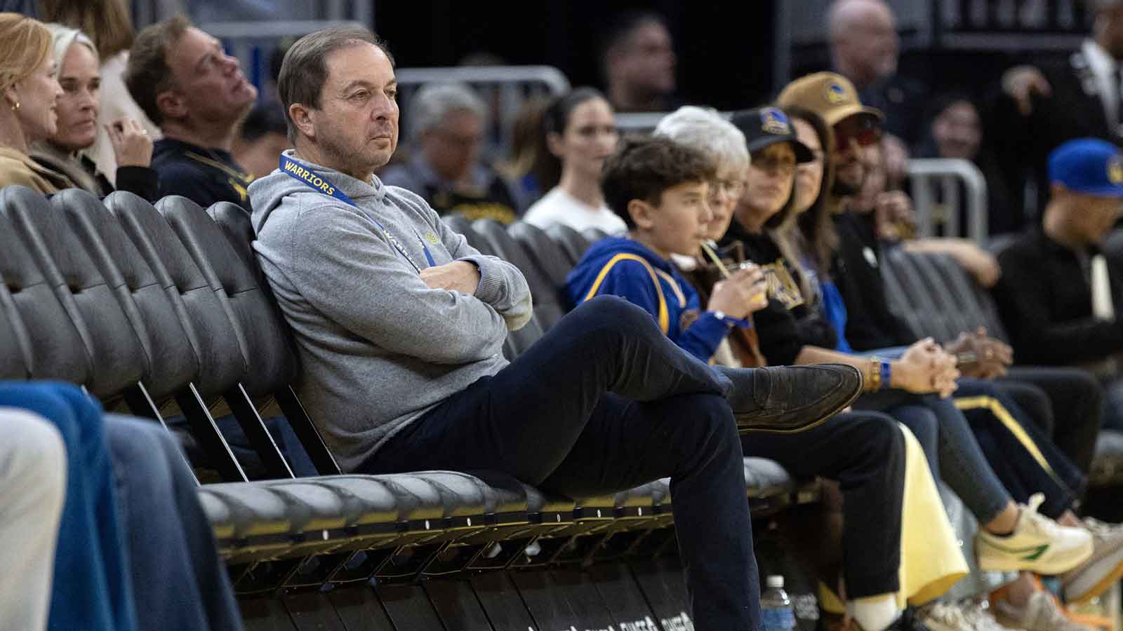 Golden State Warriors owner Joe Lacob watches his team take on the Atlanta Hawks during the third quarter at Chase Center.