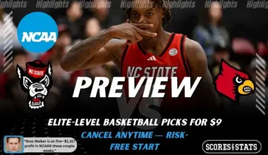 North Carolina State Wolfpack vs. Louisville Cardinals game preview graphic featuring both team logos, an NC State basketball action background, and a ScoresAndStats “Preview” stats badge (February 9, 2026).