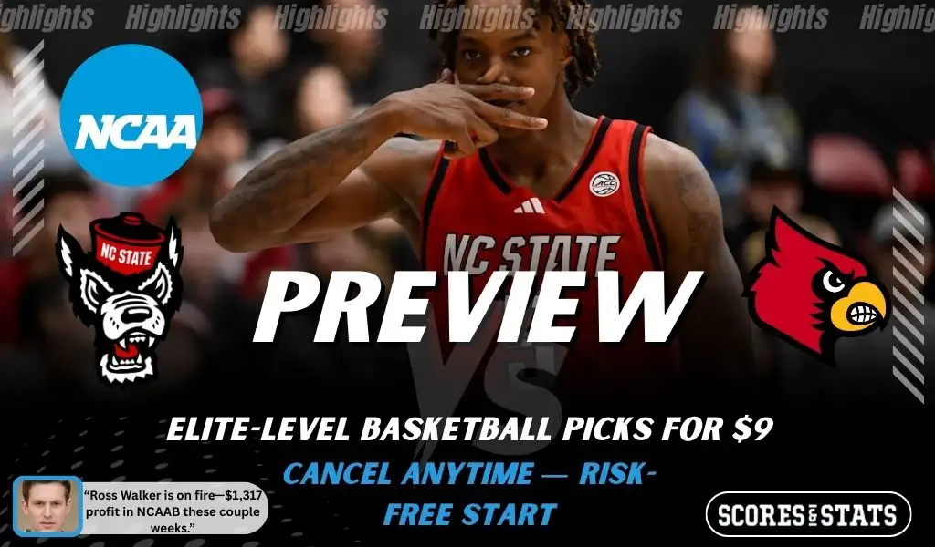 North Carolina State Wolfpack vs. Louisville Cardinals game preview graphic featuring both team logos, an NC State basketball action background, and a ScoresAndStats “Preview” stats badge (February 9, 2026).