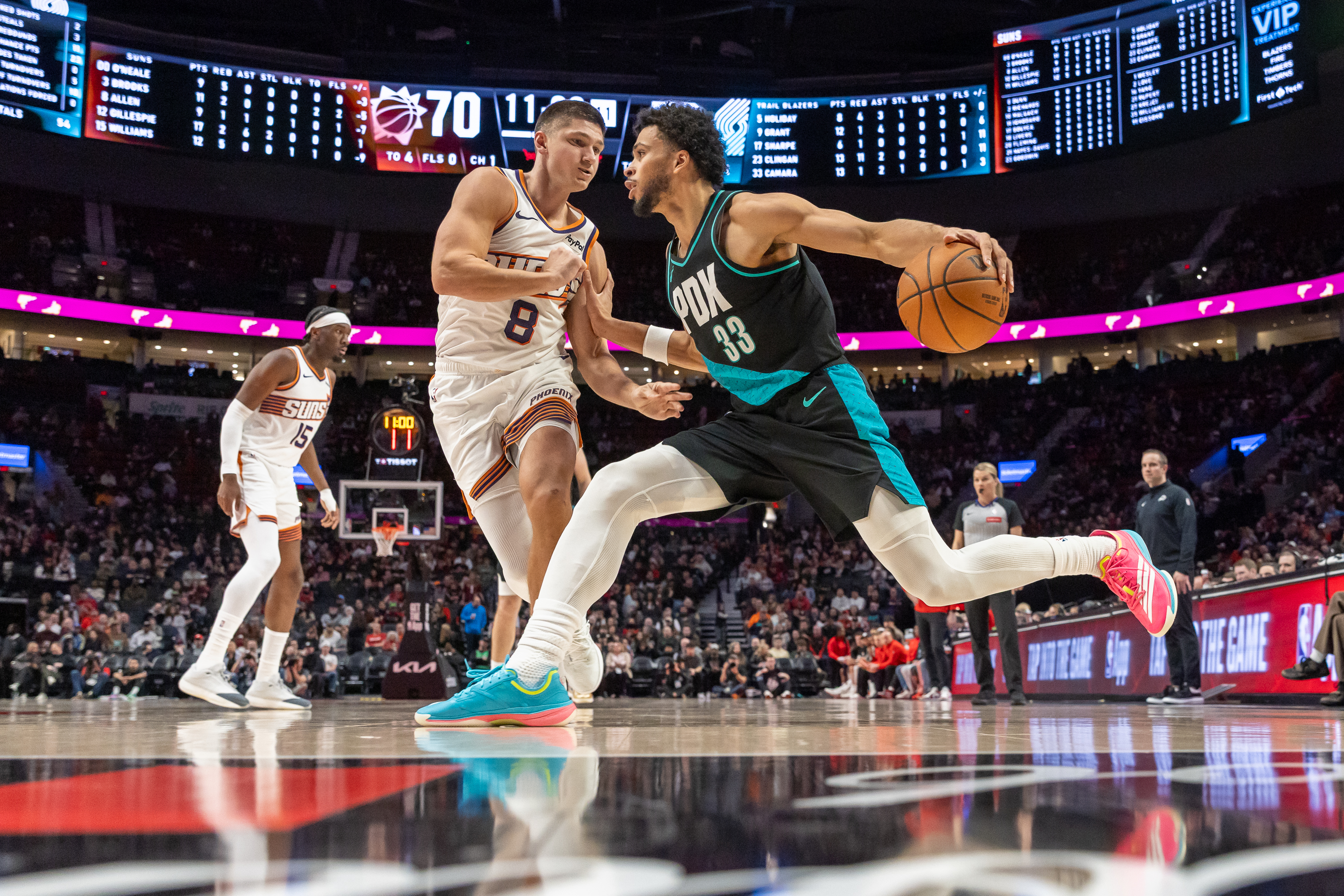 Portland Trail Blazers forward Toumani Camara drives baseline against Phoenix Suns guard Grayson Allen during an NBA game at Moda Center on Tuesday, Feb. 3, 2026.
