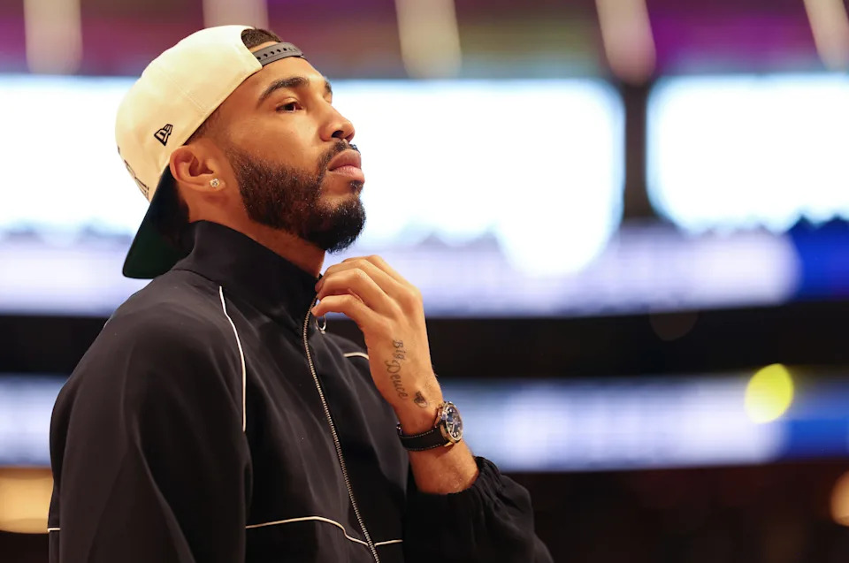 LOS ANGELES, CALIFORNIA - FEBRUARY 22: Jayson Tatum #0 of the Boston Celtics looks on during the second half of their game against the Los Angeles Lakers at Crypto.com Arena on February 22, 2026 in Los Angeles, California. NOTE TO USER: User expressly acknowledges and agrees that, by downloading and or using this photograph, User is consenting to the terms and conditions of the Getty Images License Agreement. (Photo by Luiza Moraes/Getty Images)