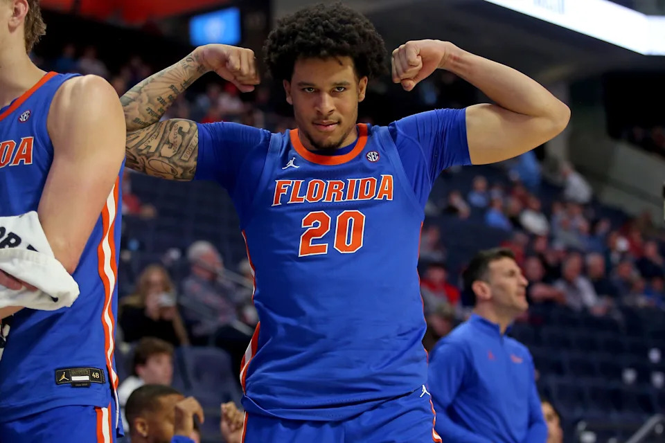 Florida Gators guard Isaiah Brown (20) reacts during the second half against the Mississippi Rebels at The Sandy and John Black Pavilion at Ole Miss.