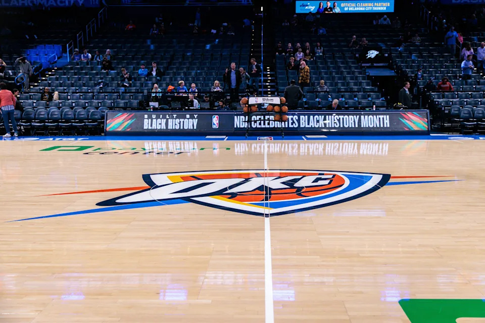OKLAHOMA CITY, OKLAHOMA - FEBRUARY 22: A view of the center court logo prior to the game between the Oklahoma City Thunder and the Cleveland Cavaliers at Paycom Center on February 22, 2026 in Oklahoma City, Oklahoma. NOTE TO USER: User expressly acknowledges and agrees that, by downloading and or using this photograph, User is consenting to the terms and conditions of the Getty Images License Agreement. (Photo by William Purnell/Getty Images)