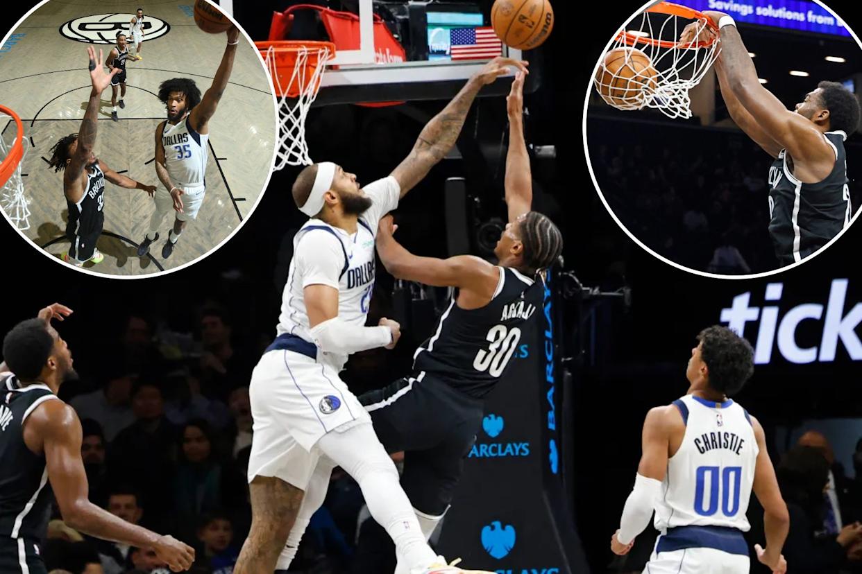 An image collage containing 3 images, Image 1 shows Brooklyn Nets Ochai Agbaji puts up a shot as Daniel Gafford #21 of the Dallas Mavericks blocks during the second half when the Brooklyn Nets played the Dallas Mavericks Tuesday, February 24, 2026 at Barclays Center in Brooklyn, NY, Image 2 shows Day'Ron Sharpe, who scored seven points off the bench, slams home a dunk during the Nets' loss to the Maverick on Feb. 24, 2026 at Barclays Center, Image 3 shows Marvin Bagley, who scored a team-high 22 points off the bench, goes up for a layup during the Nets' 123-114 loss to the Mavericks on Feb. 24, 2026 at Barclays Center