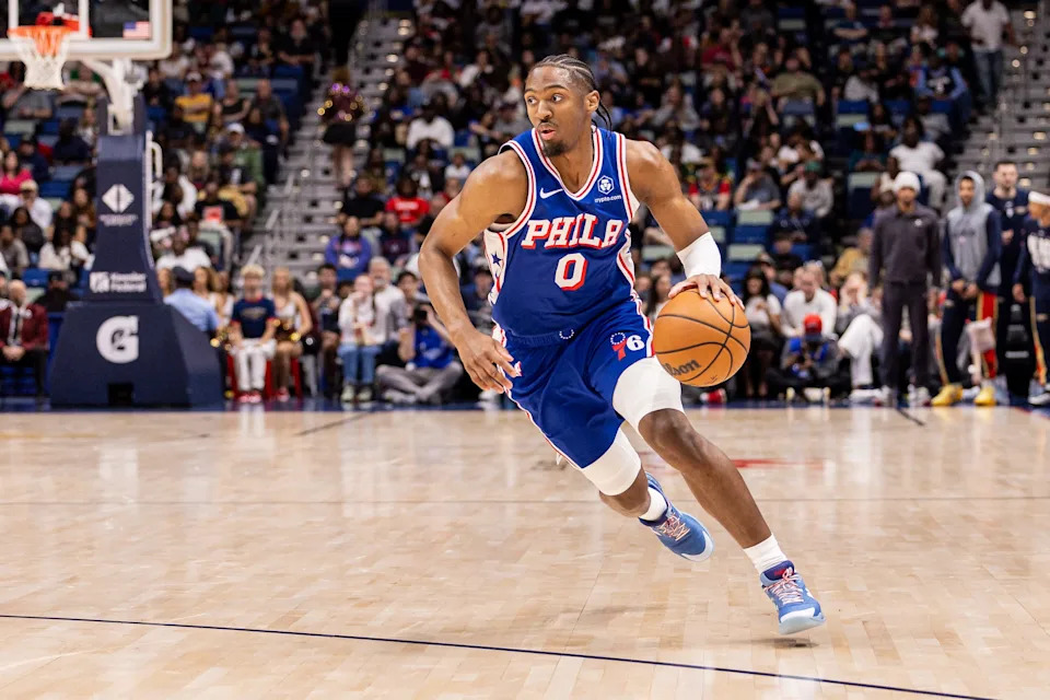 Feb 21, 2026; New Orleans, Louisiana, USA; Philadelphia 76ers guard Tyrese Maxey (0) dribbles against the New Orleans Pelicans during the first half at Smoothie King Center. Mandatory Credit: Stephen Lew-Imagn Images