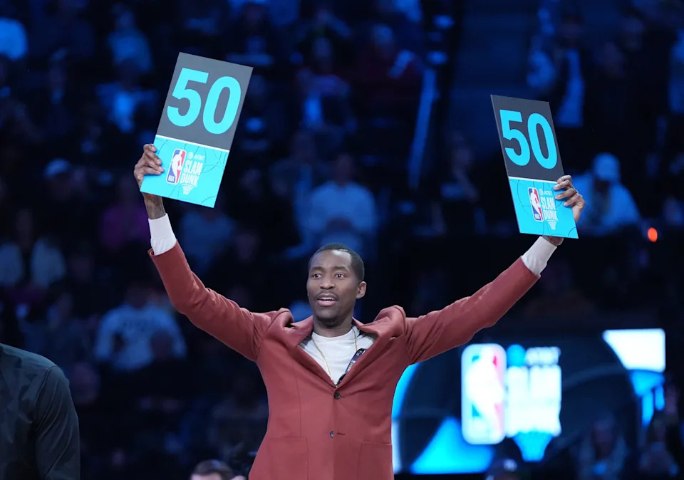 Feb 18, 2023; Salt Lake City, UT, USA; Jamal Crawford reacts in the Dunk Contest during the 2023 All Star Saturday Night at Vivint Arena. Mandatory Credit: Kyle Terada-USA TODAY Sports