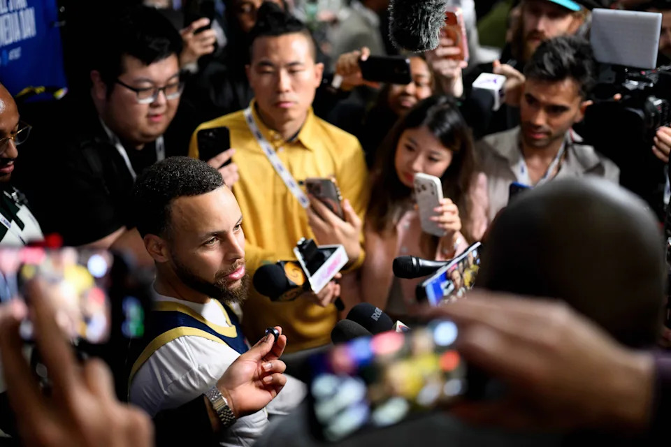 Feb 14, 2026; Inglewood, California, USA; Stephen Curry speaks during interviews at media day at Intuit Dome. Mandatory Credit: William Liang-Imagn Images