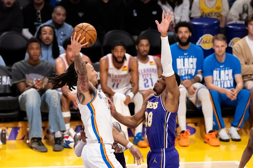 Jaylin Williams #6 of the Oklahoma City Thunder shoots the ball over Rui Hachimura #28 of the Los Angeles Lakers during an NBA basketball game, Monday February 9, 2026 in Los Angeles, Calif.