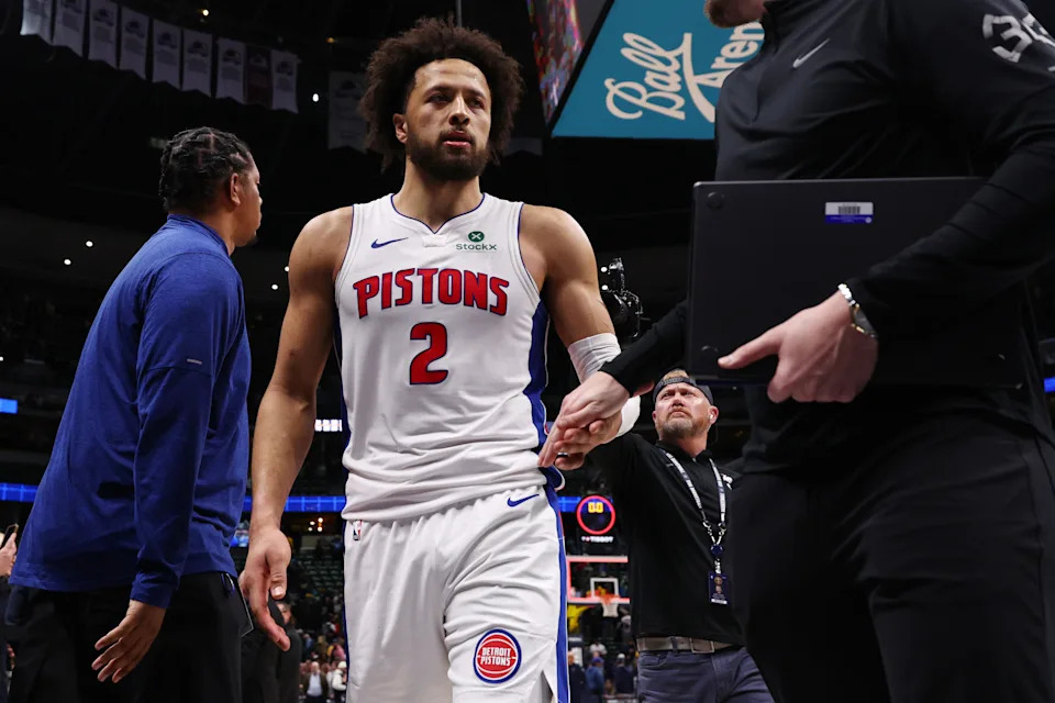 DENVER, COLORADO – JANUARY 27: Cade Cunningham #2 of the Detroit Pistons celebrates after defeating the Denver Nuggets 109-107 at Ball Arena on January 27, 2026 in Denver, Colorado. NOTE TO USER: User expressly acknowledges and agrees that, by downloading and/or using this Photograph, user is consenting to the terms and conditions of the Getty Images License Agreement. (Photo by Jamie Schwaberow/Getty Images) | Getty Images