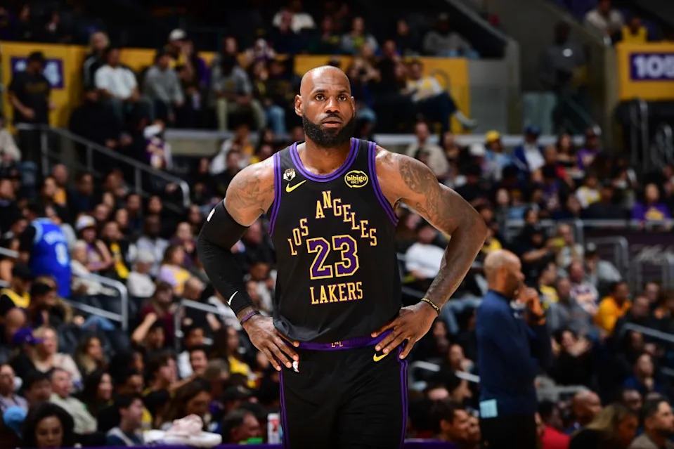 LeBron James of the Los Angeles Lakers looks on during the game against the Orlando Magic on February 24, 2026 at Crypto.Com Arena in Los Angeles, California. NBAE via Getty Images