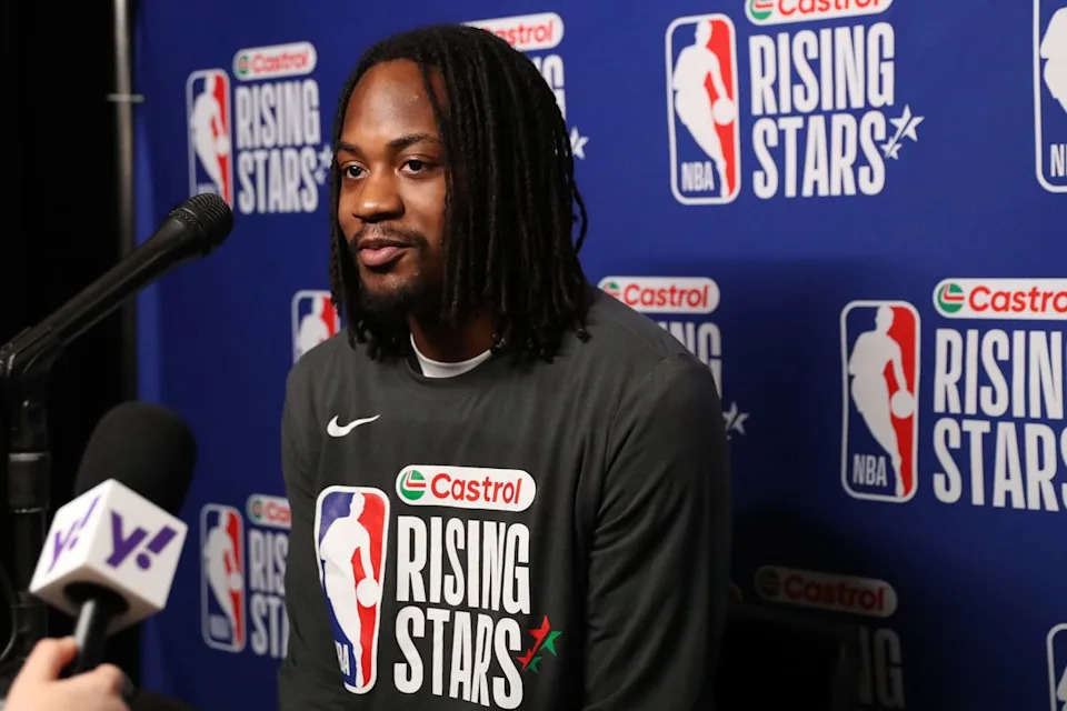 Rio Grande Valley Vipers Tristen Newton guard (13) talks to reporters during NBA Rising Stars Media Day on February 13, 2026 in Inglewood, CA.