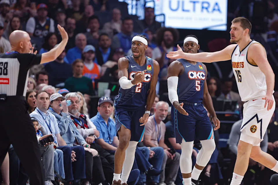 Feb 27, 2026; Oklahoma City, Oklahoma, USA; Oklahoma City Thunder guard Shai Gilgeous-Alexander (2) reacts after a call against him after a play against the Denver Nuggets during the first quarter at Paycom Center. Mandatory Credit: Alonzo Adams-Imagn Images