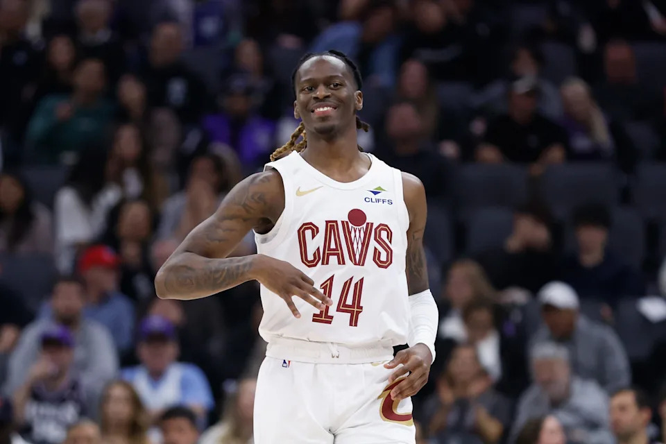 Cleveland Cavaliers guard Keon Ellis celebrates after making a 3-pointer against the Sacramento Kings on Feb. 7, 2026, in Sacramento, California.