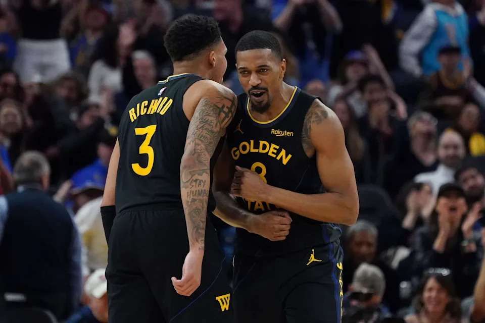 Feb 22, 2026; San Francisco, California, USA; Golden State Warriors guard De'Anthony Melton (8) celebrates with guard Will Richard (3) during a game against the Denver Nuggets in the fourth quarter at Chase Center. Mandatory Credit: David Gonzales-Imagn Images