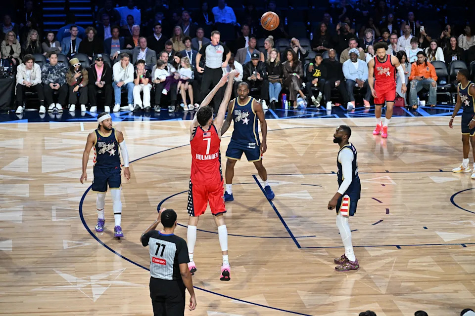 INGLEWOOD, CALIFORNIA - FEBRUARY 15: Chet Holmgren #7 of the Oklahoma City Thunder and Team USA Stars shoots against Kawhi Leonard #2 of the Los Angeles Clippers and Team USA Stripes the 75th NBA All-Star Game at Intuit Dome on February 15, 2026 in Inglewood, California. (Photo by Allen Berezovsky/Getty Images)