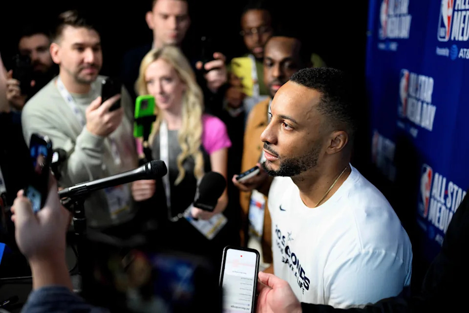 Feb 14, 2026; Inglewood, California, USA; Norman Powell speaks during interviews at media day at Intuit Dome. Mandatory Credit: William Liang-Imagn Images