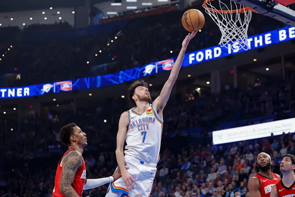 Feb 7, 2026; Oklahoma City, Oklahoma, USA; Oklahoma City Thunder center/forward Chet Holmgren (7) goes up for a basket against the Houston Rockets during the first half at Paycom Center. Mandatory Credit: Alonzo Adams-Imagn Images