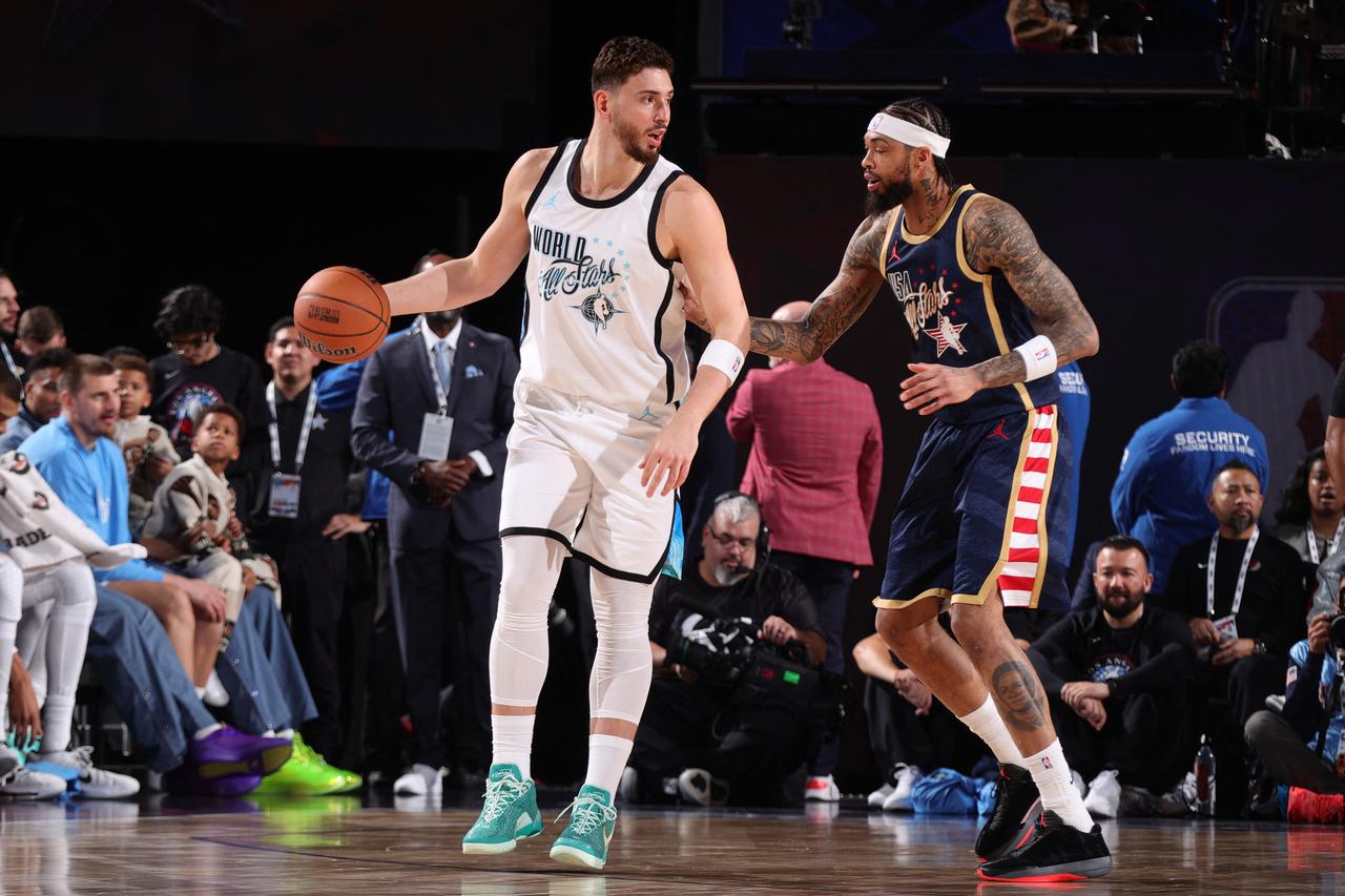 Alperen Sengun #28 of World Team looks to pass the ball during the game against the USA Stripes Team during the 75th NBA All-Star Game as part of the 2026 NBA All-Star Weekend at Intuit Dome in Inglewood, California, February 15, 2026.(AFP Photo)